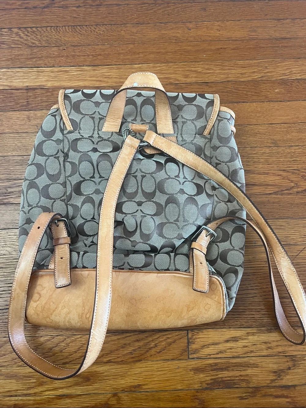 Coach Brown Signature Print Canvas Backpack with Tan Leather Trim